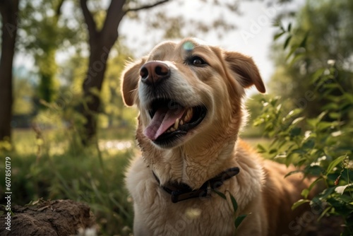 portrait of happy dog, enjoying sunny day in park, with greenery and blue skies visible in the background, created with generative ai