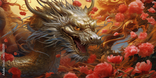 Year of the dragon banner art. Generative AI illustration