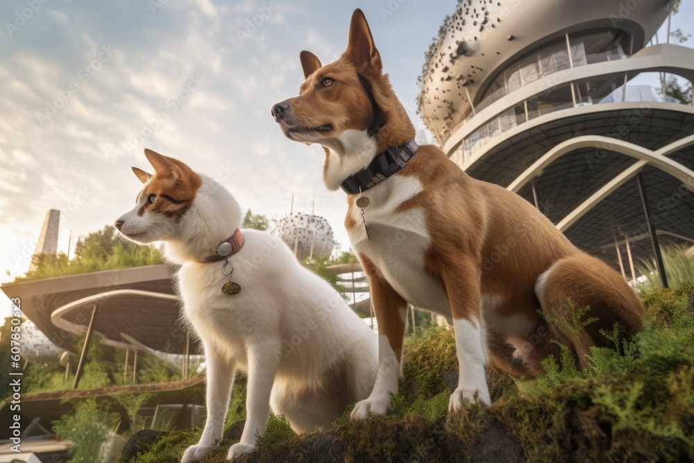 dog and cat architects surveying their futuristic city, surrounded by towering new structures, created with generative ai