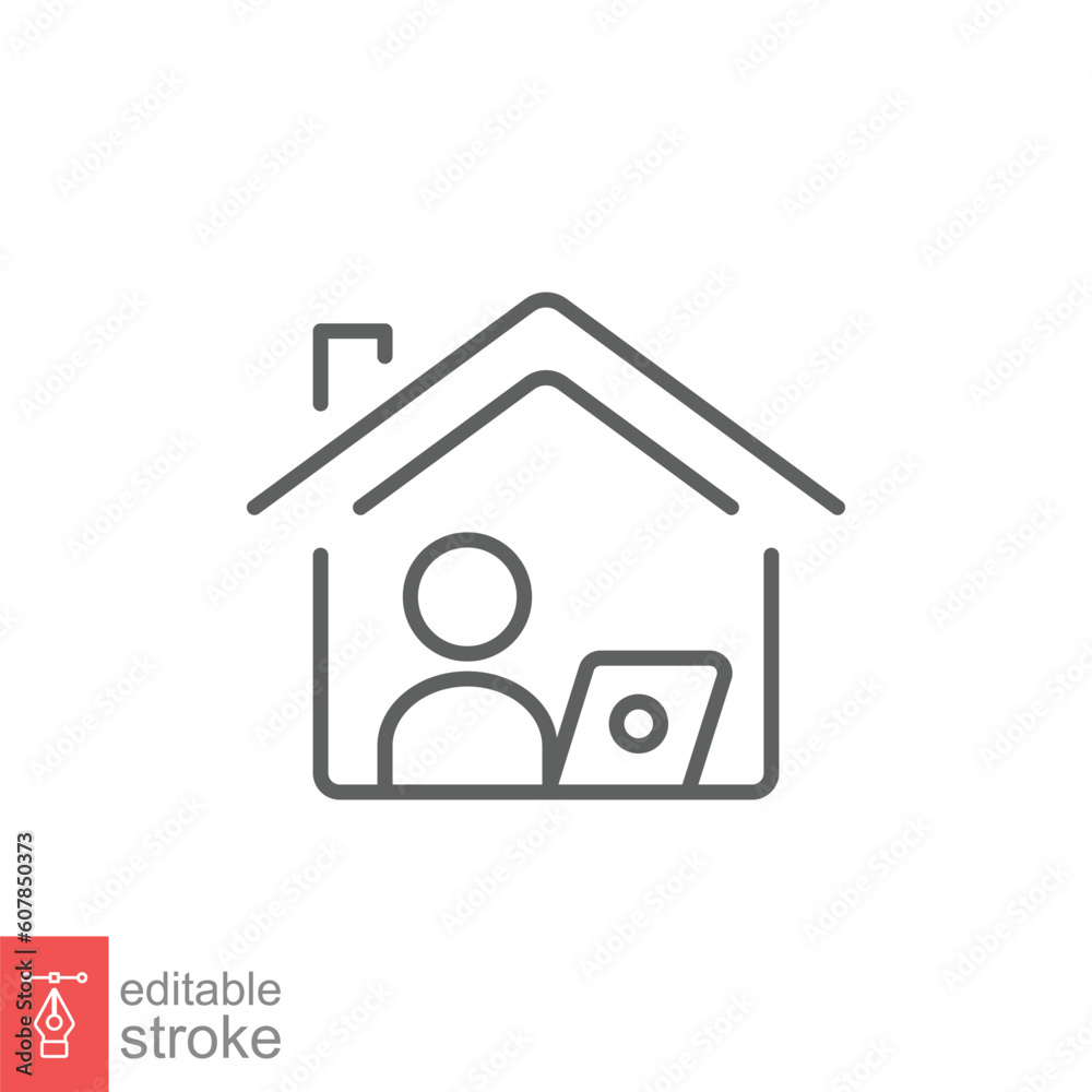 Work at home icon. Simple outline style. People with laptop at home, computer, office, workspace concept. Thin line symbol. Vector illustration isolated on white background. Editable stroke EPS 10. Work at home icon. Simple outline style. People with laptop at home, computer, office, workspace concept. Thin line symbol. Vector illustration isolated on white background. Editable stroke EPS 10.