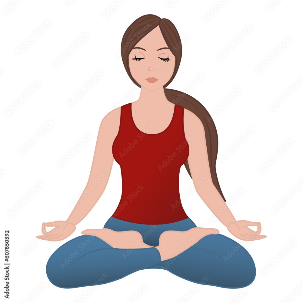 Young Woman Doing Yoga Exercise. Vector Illustration of a Girl Practicing Meditation in the Lotus Position. Healthy lifestyle Young Woman Doing Yoga Exercise. Vector Illustration of a Girl Practicing Meditation in the Lotus Position. Healthy lifestyle
