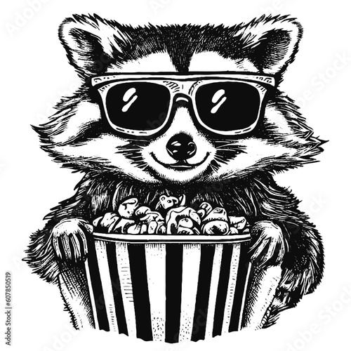 funny raccoon wearing sunglasses with a popcorn vector sketch