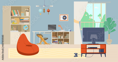 Teenager's room interior with no people flat vector illustration. Cozy interior with working place, bookcase, toys, beanbag chair and TV.