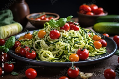 zucchini pasta with fresh basil and cherry tomatoes on the side, created with generative ai