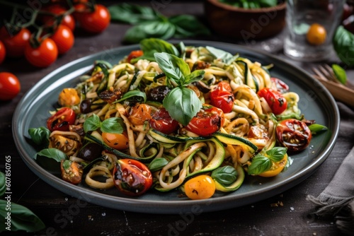 plate of zucchini pasta with roasted tomatoes, basil and balsamic, created with generative ai