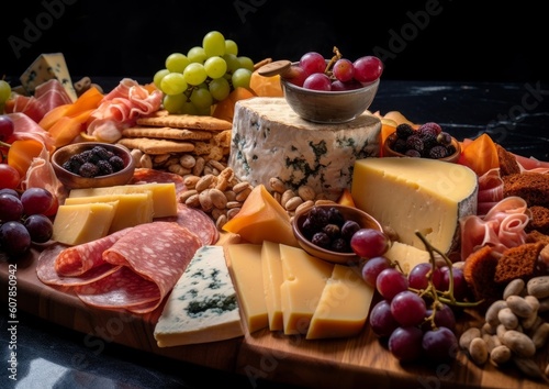 colby jack cheese platter with a variety of sliced cheeses, meats, and olives