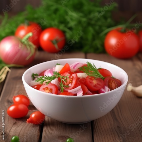 Healthy food fresh tomato salad in white bowl, Generative ai