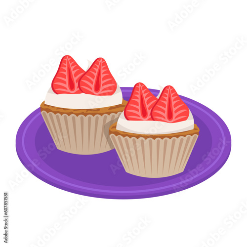 Cupcakes with cream and berries. Strawberry. Filled dough, pastries. Vector graphic.
