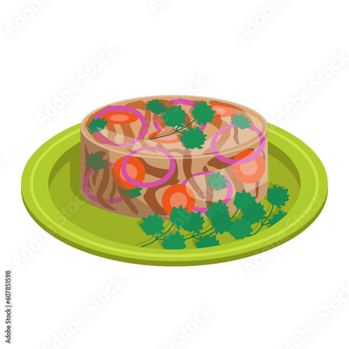 Aspic. Meat broth in the form of jelly with pieces of meat and vegetables. Vector graphic.