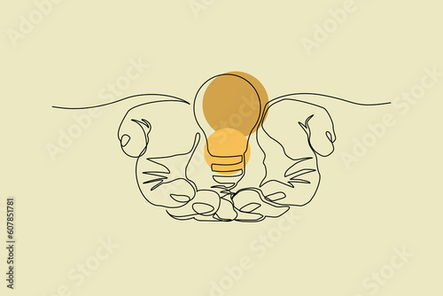 Continuous single one line drawing art of open palm hand holding idea bulb vector illustration