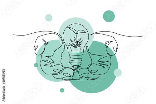 Continuous single one line drawing art of open palm hand holding light bulb and plant seeds vector illustration. Show idea and growth concept