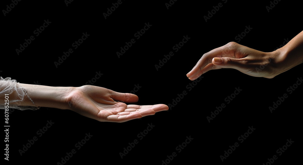 Two hands reach out to each other. Hands in motion towards on a black background. copyspace. Generative AI