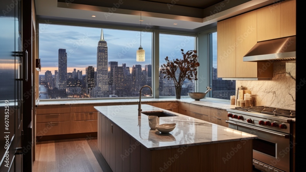 Premium Photo | The interior design of modern kitchen in apartment with  skyscraper view generative ai aig27