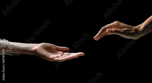 Two hands reach out to each other. Hands in motion towards on a black background. copyspace. Generative AI