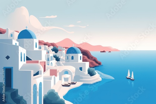 decorative flat design style poster with Santoriny motifs, ai tools generated image