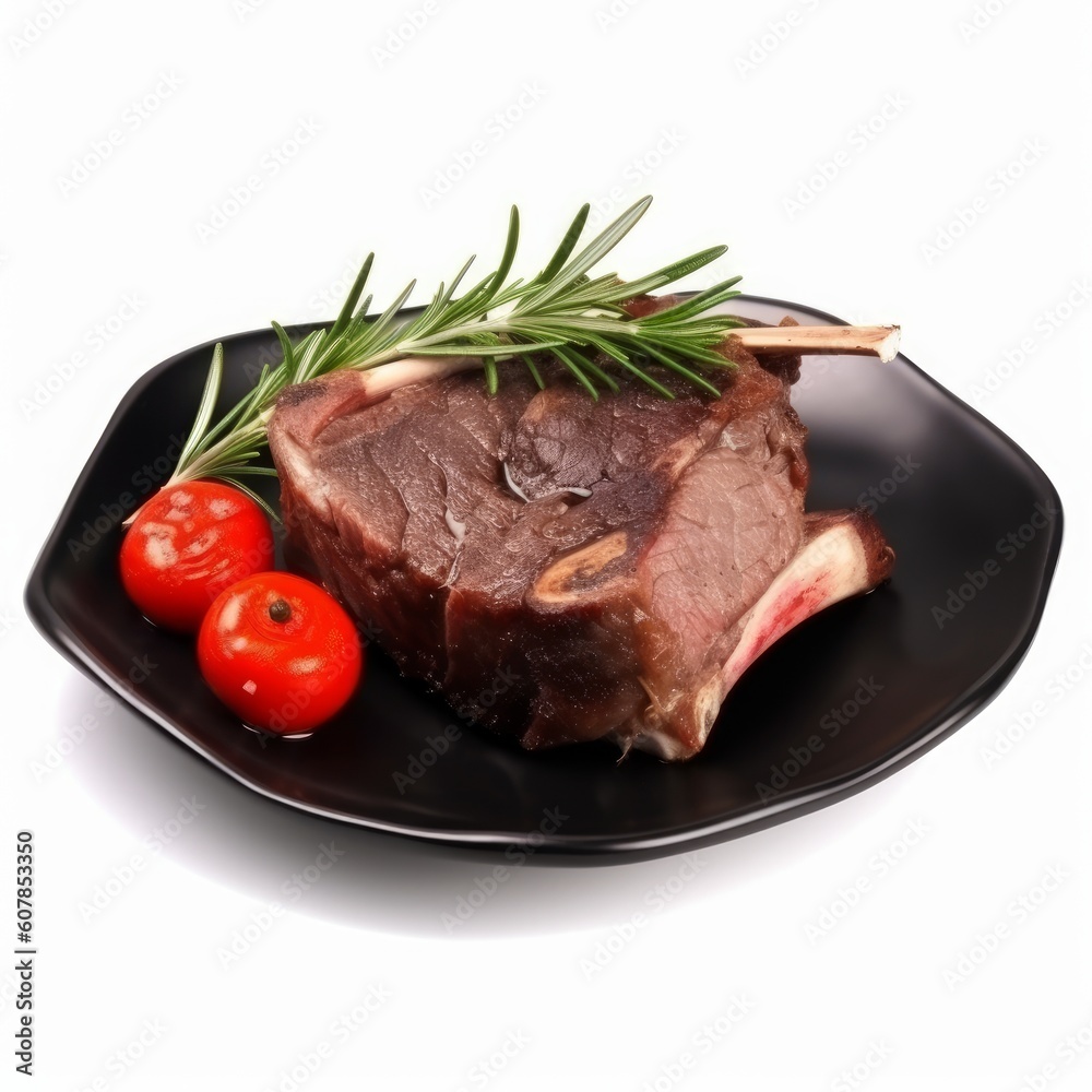Meat food roast rib on dark dish with thyme and tomatoes, Generative ai Meat food roast rib on dark dish with thyme and tomatoes, Generative ai