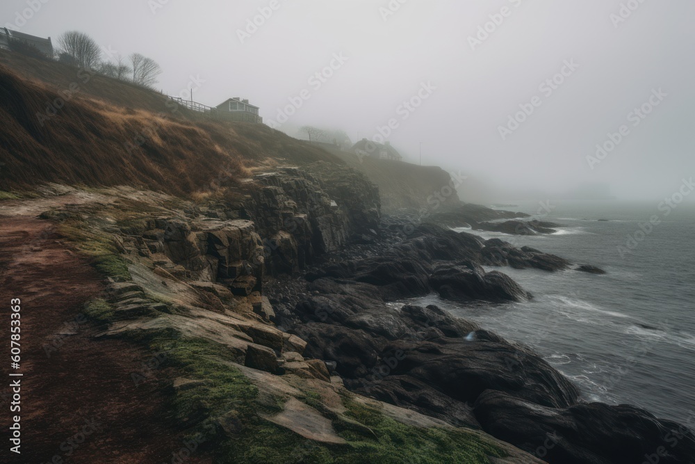 severe coastline, rocky beach at moody weather, ai tools generated image