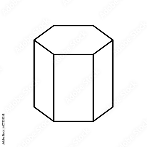 Vector black linear hexagonal prism for game, icon, package design, logo, mobile, ui, web, education. Hexagon on a white background. Geometric figures for your design. Outline.