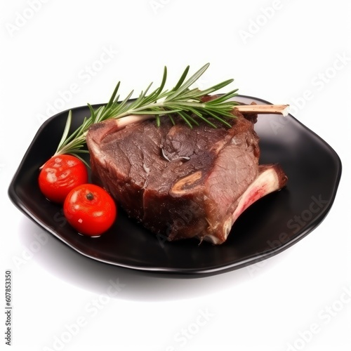 Meat food roast rib on dark dish with thyme and tomatoes, Generative ai
