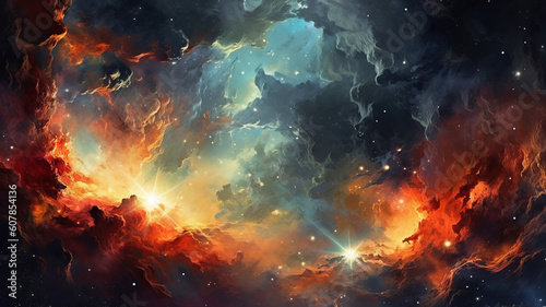 Beautiful Fiery Nebula, Fantasy Sky Imagery, Vibrant Nebula Clouds And Stars © Roy