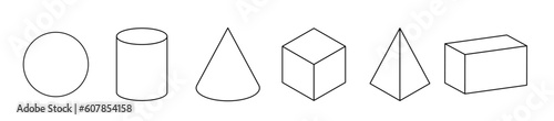 Set of linear geometric shapes. Spheres, cylinder, cone, cube, pyramid and parallelepiped. Mathematics of a geometric figure, contour. outline.