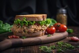 tuna salad sandwich with crispy bread, juicy tomatoes and crunchy lettuce, created with generative ai