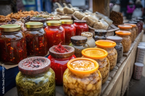 fermented food market, with variety of pickled products and spices on display, created with generative ai © altitudevisual
