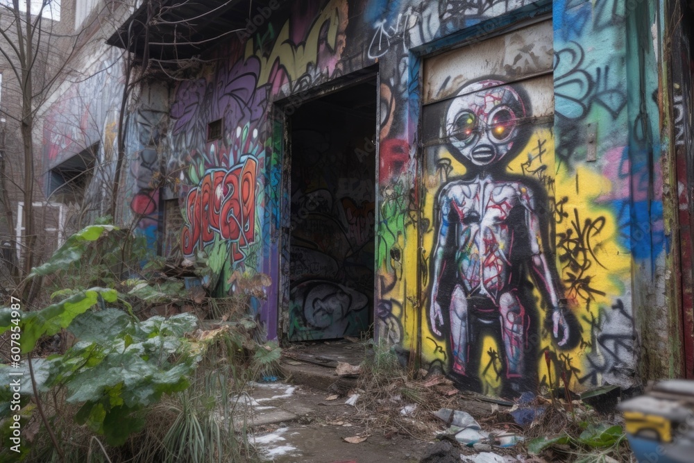 alien figure stands guard over colorful graffiti mural on abandoned building, created with generative ai alien figure stands guard over colorful graffiti mural on abandoned building, created with generative ai