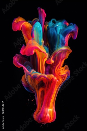 Colorful rainbow paint drops from above mixing in water. Ink swirling underwater. AI generated.