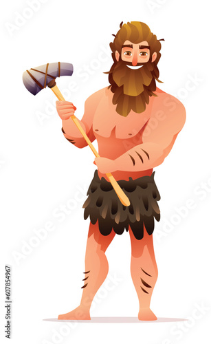Primitive man character. Prehistoric stone age caveman holding a weapon cartoon illustration