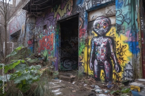alien figure stands guard over colorful graffiti mural on abandoned building, created with generative ai