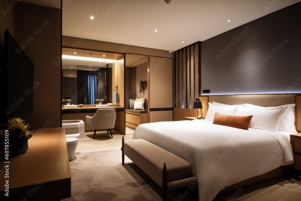 Fototapeta premium luxurious hotel room, with minimalist decor and clutter-free surfaces, created with generative ai