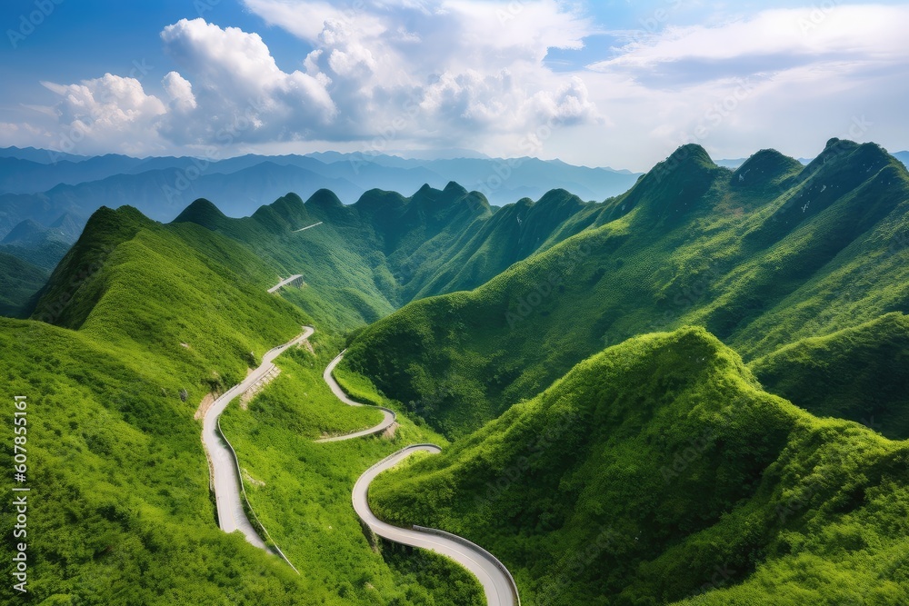 stunning mountain range with a winding road, surrounded by lush greenery, created with generative ai