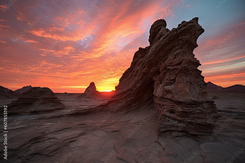 natural rock formation with sunset sky in the background, created with generative ai
