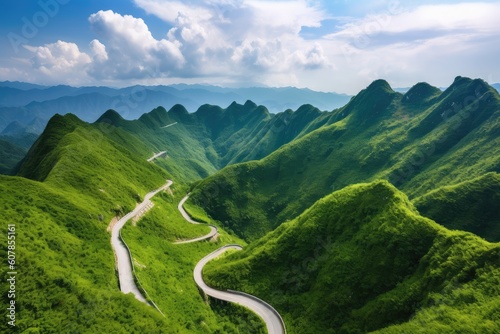 stunning mountain range with a winding road, surrounded by lush greenery, created with generative ai