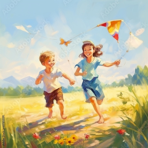 Happy children girl and boy with a kite running on meadow in summer in nature. Generative AI.