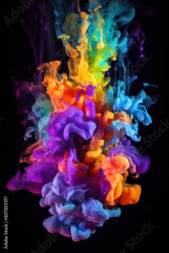 Colorful rainbow paint drops from above mixing in water. Ink swirling underwater. AI generated.