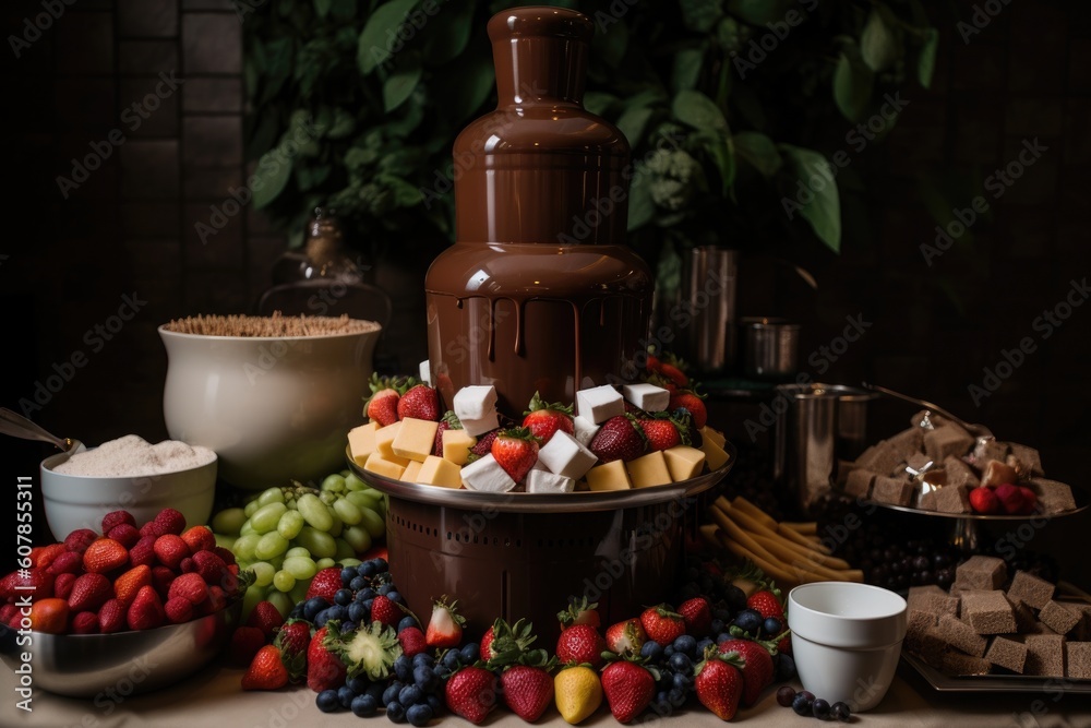 chocolate fountain with fresh fruit and marshmallows for dipping, created with generative ai