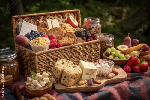 picnic basket overflowing with delicious treats and snacks, created with generative ai