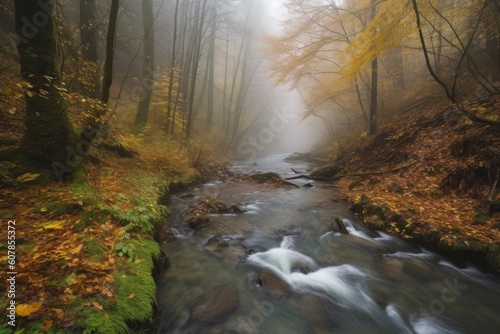 rushing stream, with mist rising from the water, in autumn forest, created with generative ai