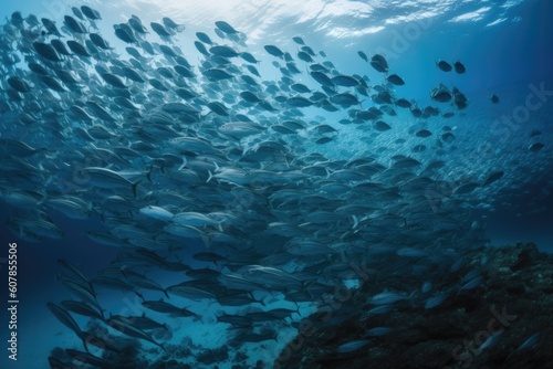 school of fish swimming in clear blue waters, created with generative ai