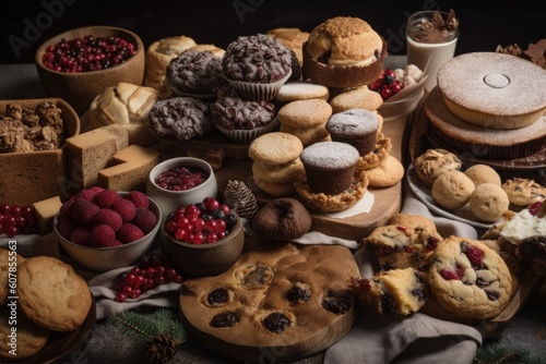 jumble of holiday season baked goods, including cookies, cupcakes, and pies, created with generative ai