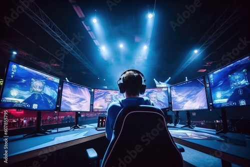 A gamer in an esports event playing video games in a tournament in a stadium. Concept: esports events. Generative AI