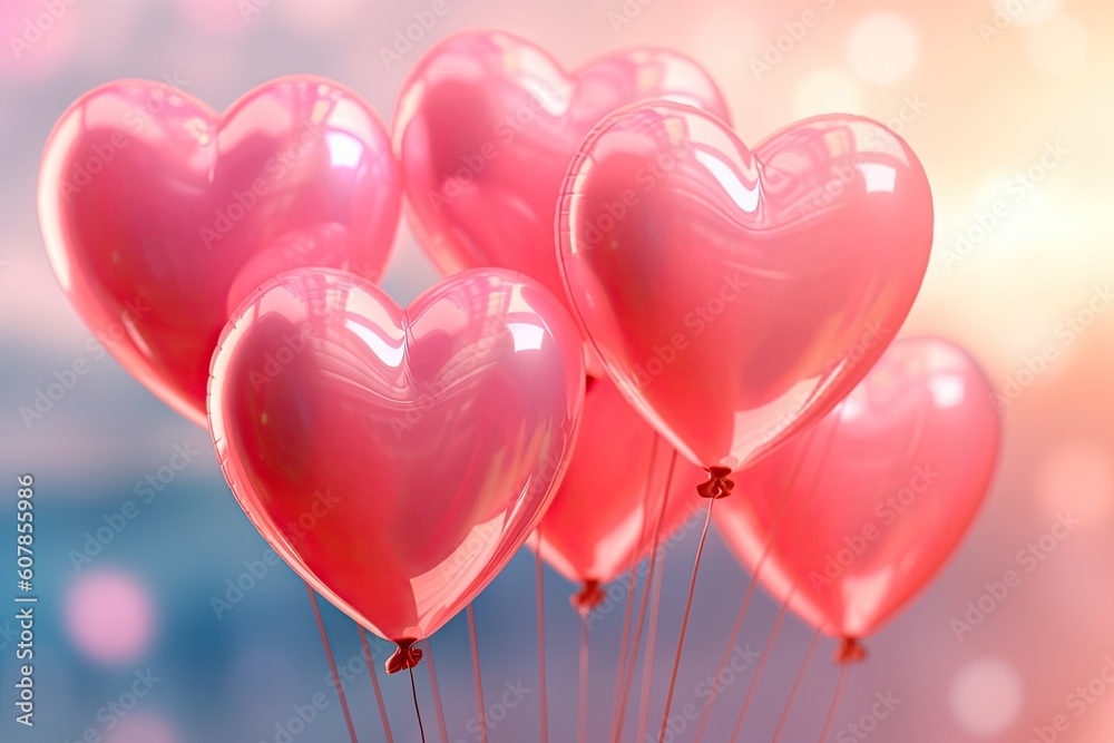 pink heart shaped balloons on blurred background Generative AI