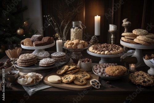 table spread with holiday cookies and pastries, ready for gifting, created with generative ai