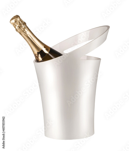 Champagne bottle in a bucket with ice isolated 