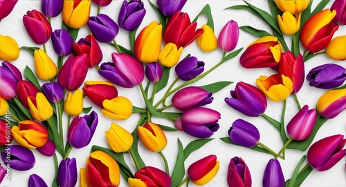 Beautiful bouquet of colorful tulip flowers on white background, top view. Space for text, generative ai © Aimages