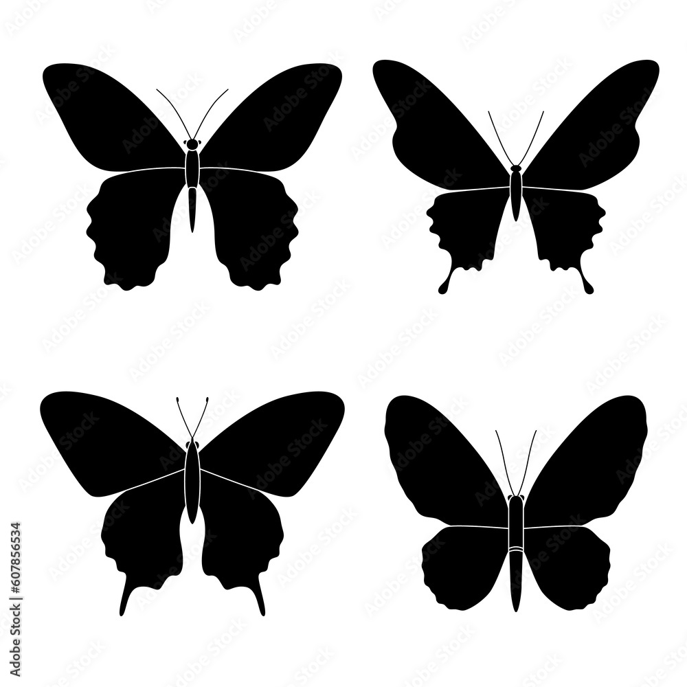 Vector set of black different silhouettes of butterflies with beautiful wings on a white background