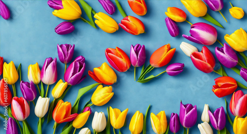 Beautiful bouquet of colorful tulip flowers on white background, top view. Space for text, generative ai © Aimages