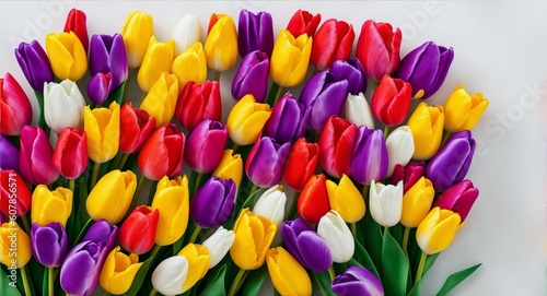Beautiful bouquet of colorful tulip flowers on white background  top view. Space for text  generative ai